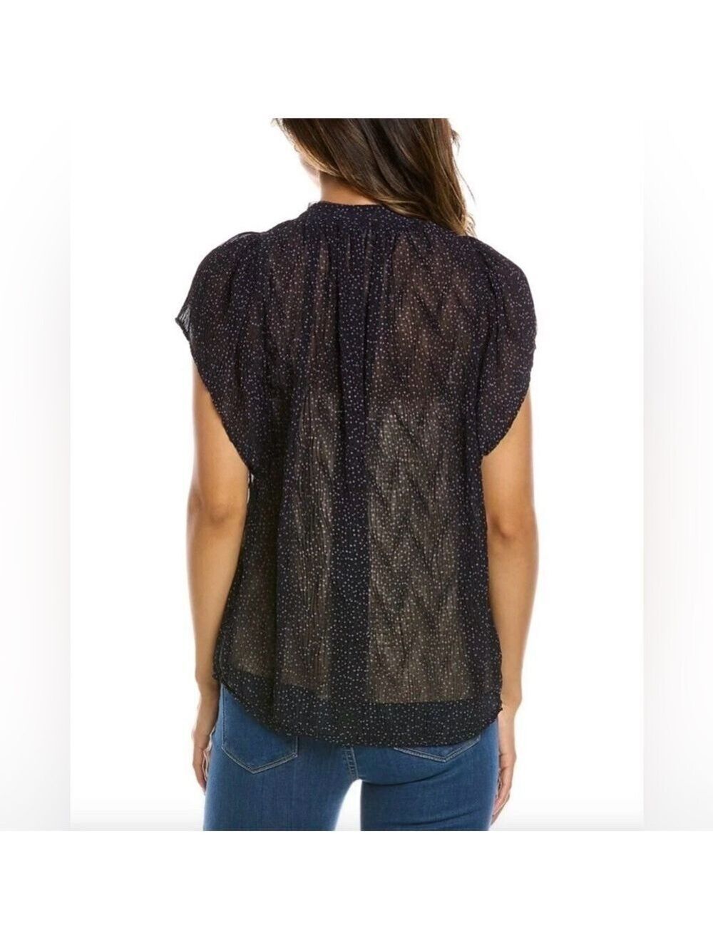 VINCE Starry Dot Semi Sheer Short Sleeve Blouse Blue Womens Size Small - Picture 3 of 10